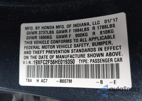 2017 Honda Civic Lx из США, поврежденный, VIN 19XFC2F56HE019350